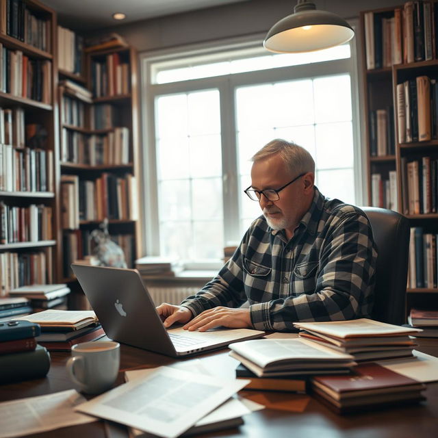 An editor sitting in a cozy office space, focused on editing a manuscript on his laptop