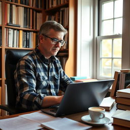 An editor sitting in a cozy office space, focused on editing a manuscript on his laptop