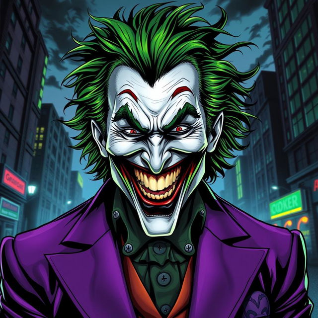 A striking portrait of the Joker, featuring a chaotic and vibrant color palette with greens, purples, and blacks