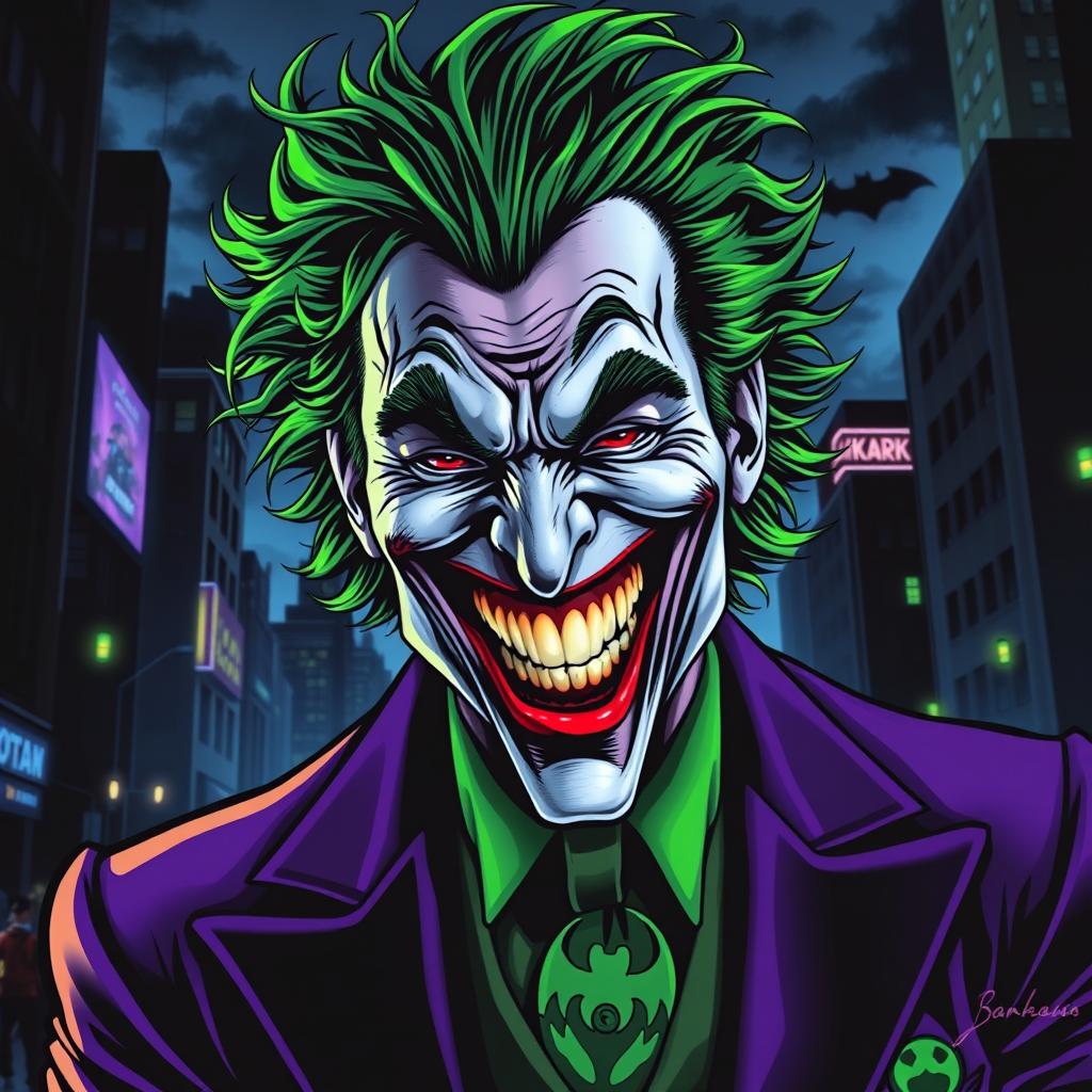 A striking portrait of the Joker, featuring a chaotic and vibrant color palette with greens, purples, and blacks