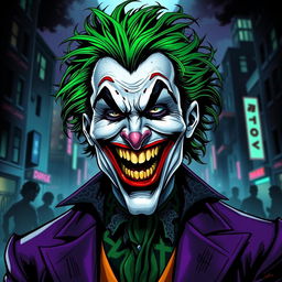 A striking portrait of the Joker, featuring a chaotic and vibrant color palette with greens, purples, and blacks