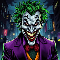 A striking portrait of the Joker, featuring a chaotic and vibrant color palette with greens, purples, and blacks