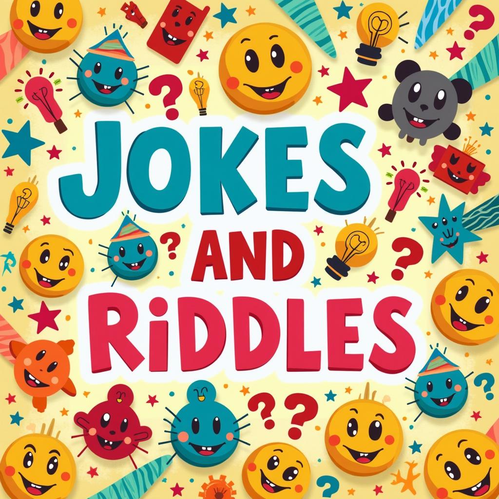 A vibrant and playful book cover for the title 'Jokes and Riddles'