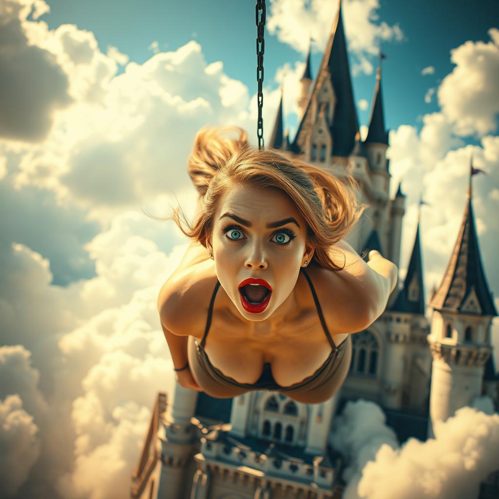 A voluptuous woman with captivating blue eyes and striking red lips is falling from a majestic sky castle