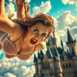 A voluptuous woman with captivating blue eyes and striking red lips is falling from a majestic sky castle