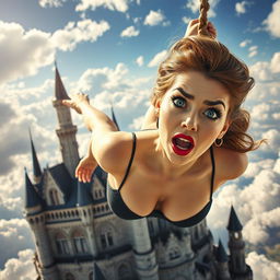A voluptuous woman with captivating blue eyes and striking red lips is falling from a majestic sky castle