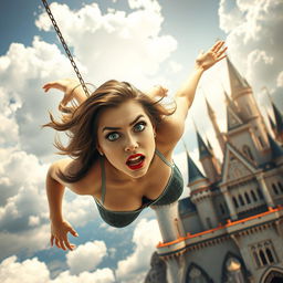 A voluptuous woman with captivating blue eyes and striking red lips is falling from a majestic sky castle