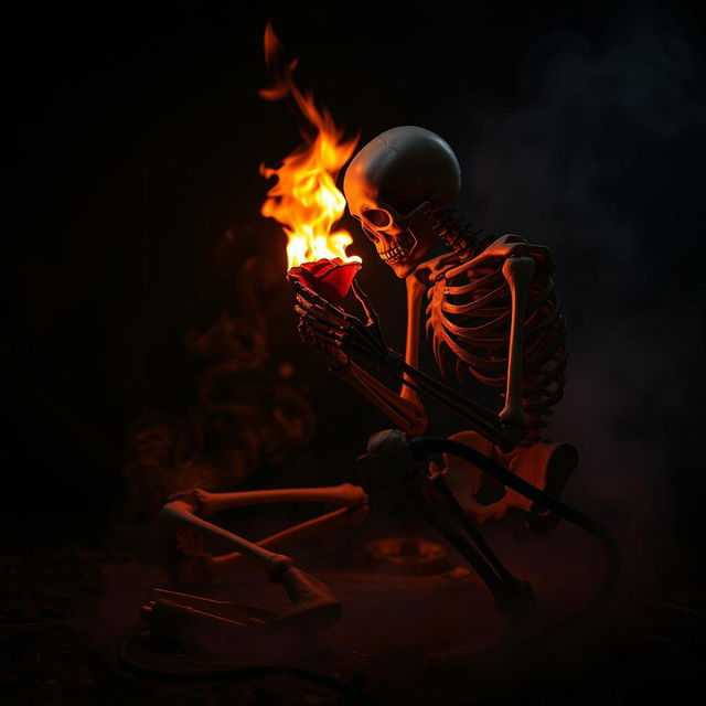 A skeleton crouching down, delicately smelling a burning black rose, both the skeleton and the rose engulfed in flames, creating a dramatic contrast between the vibrant orange and red of the fire and the dark hues of the skeleton and flower