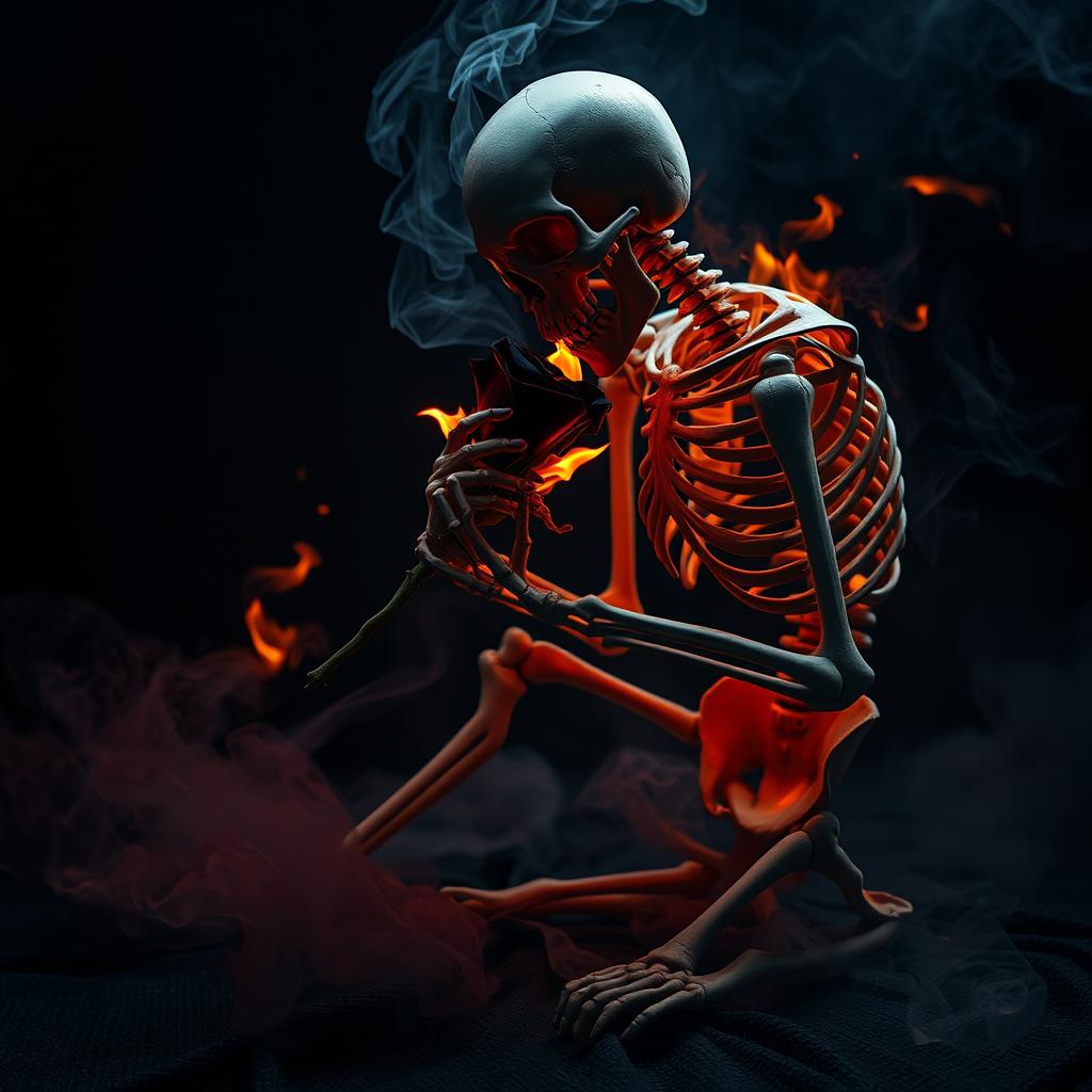 A skeleton crouching down, delicately smelling a burning black rose, both the skeleton and the rose engulfed in flames, creating a dramatic contrast between the vibrant orange and red of the fire and the dark hues of the skeleton and flower