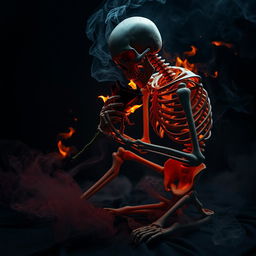 A skeleton crouching down, delicately smelling a burning black rose, both the skeleton and the rose engulfed in flames, creating a dramatic contrast between the vibrant orange and red of the fire and the dark hues of the skeleton and flower