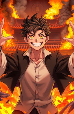 A young man with vibrant yellow eyes and a villainous Hollywood smile, spreading his arms out wide in a dramatic pose