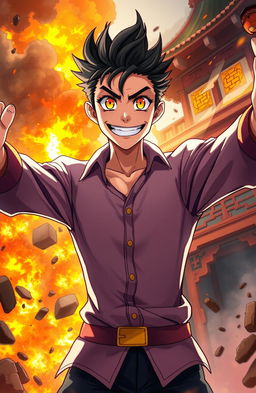 A young man with vibrant yellow eyes and a villainous Hollywood smile, spreading his arms out wide in a dramatic pose