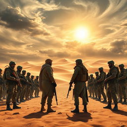 A dramatic showdown scene depicting Afghanistan confronting Pakistan in a vast, arid desert landscape