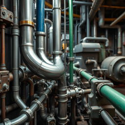 A detailed and vibrant image of an industrial setting featuring various machinery and equipment