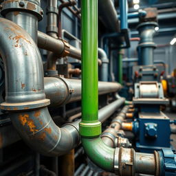 A detailed and vibrant image of an industrial setting featuring various machinery and equipment
