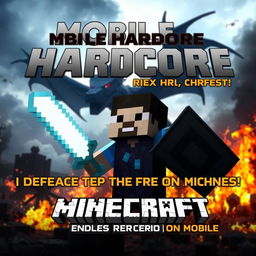 A dramatic Minecraft gameplay thumbnail, showcasing a Minecraft player character in the foreground, holding a diamond sword and shield in a fierce pose