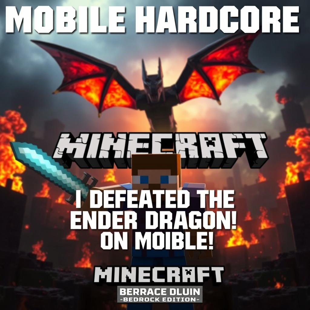 A dramatic Minecraft gameplay thumbnail, showcasing a Minecraft player character in the foreground, holding a diamond sword and shield in a fierce pose