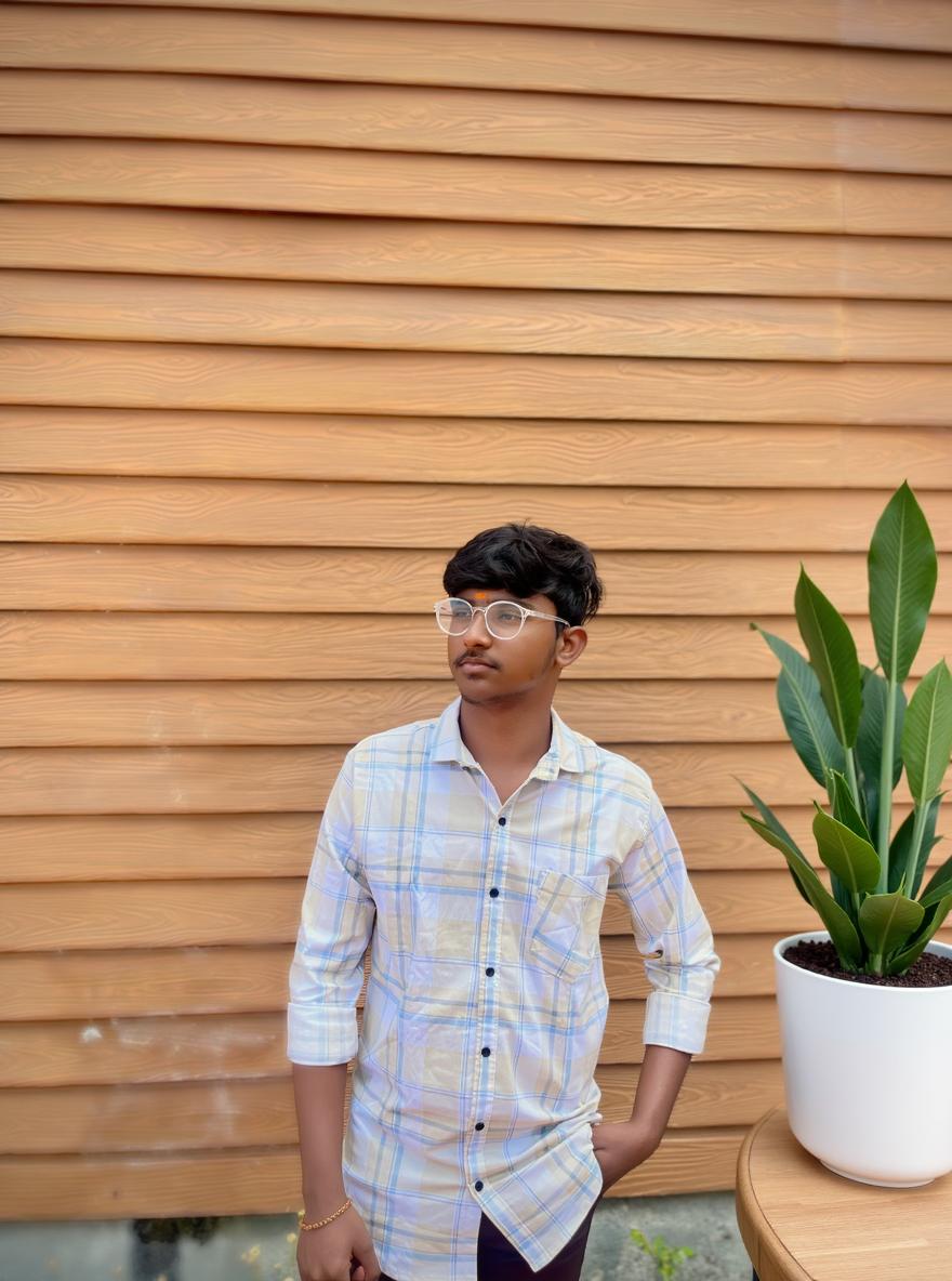 A young man standing confidently against a wooden wall, wearing a checkered shirt and glasses