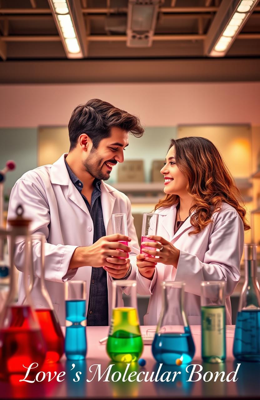 A romantic scene set in a bright, modern chemistry laboratory, featuring two chemistry students, a male and a female, smiling and interacting playfully while conducting an experiment together