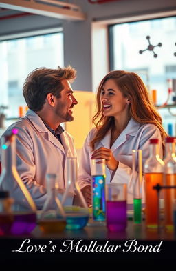 A romantic scene set in a bright, modern chemistry laboratory, featuring two chemistry students, a male and a female, smiling and interacting playfully while conducting an experiment together