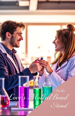 A romantic scene set in a bright, modern chemistry laboratory, featuring two chemistry students, a male and a female, smiling and interacting playfully while conducting an experiment together