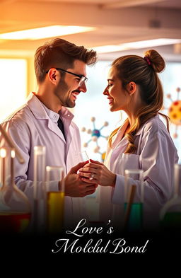 A romantic scene set in a bright, modern chemistry laboratory, featuring two chemistry students, a male and a female, smiling and interacting playfully while conducting an experiment together
