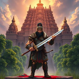 A vast and majestic Hindu temple illuminated by the soft rays of the morning sun, casting dramatic shadows on the intricate carvings and tall spires