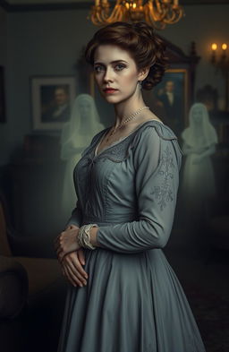 An Edwardian woman in elegant attire, standing gracefully with a serene expression