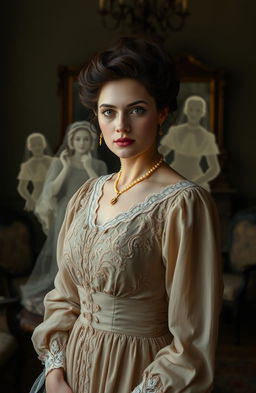 An Edwardian woman in elegant attire, standing gracefully with a serene expression