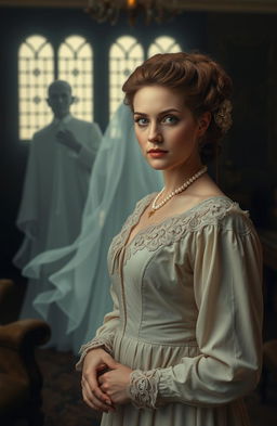 An Edwardian woman in elegant attire, standing gracefully with a serene expression