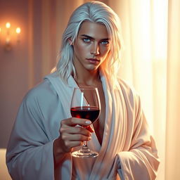 A young man with long white hair and striking blue eyes, wearing a flowing white robe, holds a glass of red wine in his hands