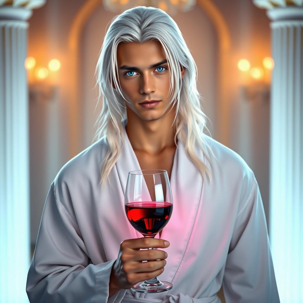 A young man with long white hair and striking blue eyes, wearing a flowing white robe, holds a glass of red wine in his hands