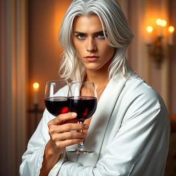 A young man with long white hair and striking blue eyes, wearing a flowing white robe, holds a glass of red wine in his hands