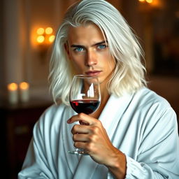 A young man with long white hair and striking blue eyes, wearing a flowing white robe, holds a glass of red wine in his hands