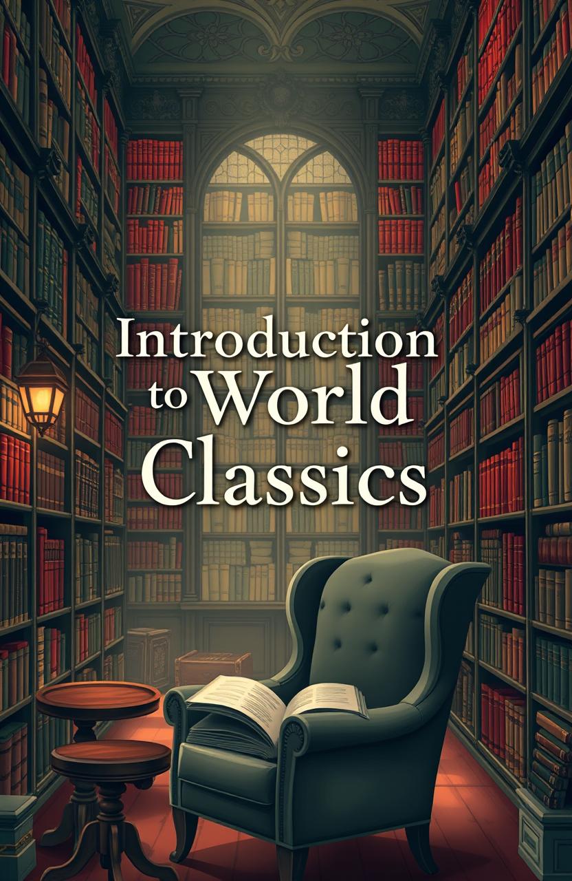 A captivating front cover design for a book titled 'Introduction to World Classics', featuring an illustration of a grand library filled with classic literature