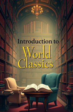 A captivating front cover design for a book titled 'Introduction to World Classics', featuring an illustration of a grand library filled with classic literature