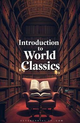 A captivating front cover design for a book titled 'Introduction to World Classics', featuring an illustration of a grand library filled with classic literature