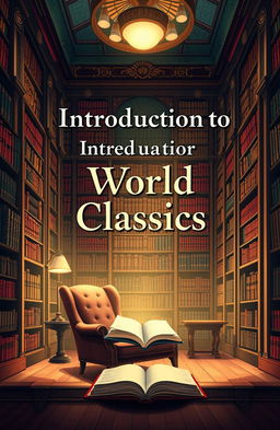 A captivating front cover design for a book titled 'Introduction to World Classics', featuring an illustration of a grand library filled with classic literature