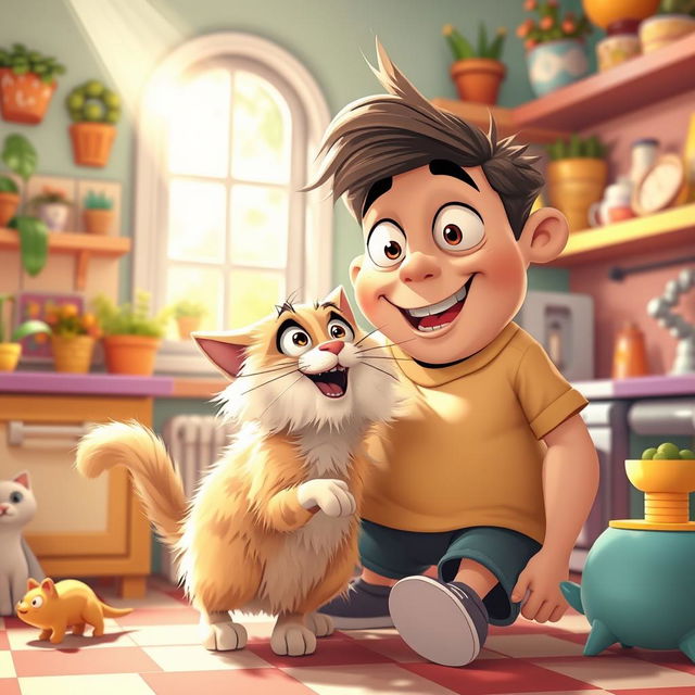 A whimsical scene of a cartoonish cat with exaggerated features, playfully nibbling on a giant cartoon human in a humorous style