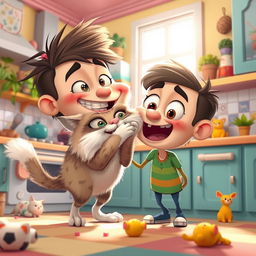 A whimsical scene of a cartoonish cat with exaggerated features, playfully nibbling on a giant cartoon human in a humorous style