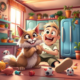 A whimsical scene of a cartoonish cat with exaggerated features, playfully nibbling on a giant cartoon human in a humorous style