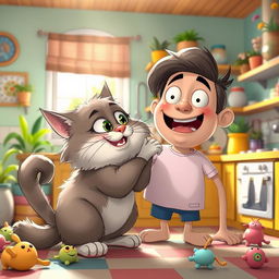 A whimsical scene of a cartoonish cat with exaggerated features, playfully nibbling on a giant cartoon human in a humorous style