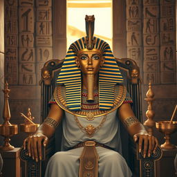 A majestic pharaoh seated on an ornate throne, adorned in traditional Egyptian attire with a beautifully crafted headdress featuring a cobra on the forehead