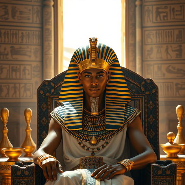 A majestic pharaoh seated on an ornate throne, adorned in traditional Egyptian attire with a beautifully crafted headdress featuring a cobra on the forehead