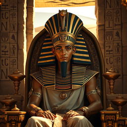 A majestic pharaoh seated on an ornate throne, adorned in traditional Egyptian attire with a beautifully crafted headdress featuring a cobra on the forehead