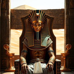 A majestic pharaoh seated on an ornate throne, adorned in traditional Egyptian attire with a beautifully crafted headdress featuring a cobra on the forehead