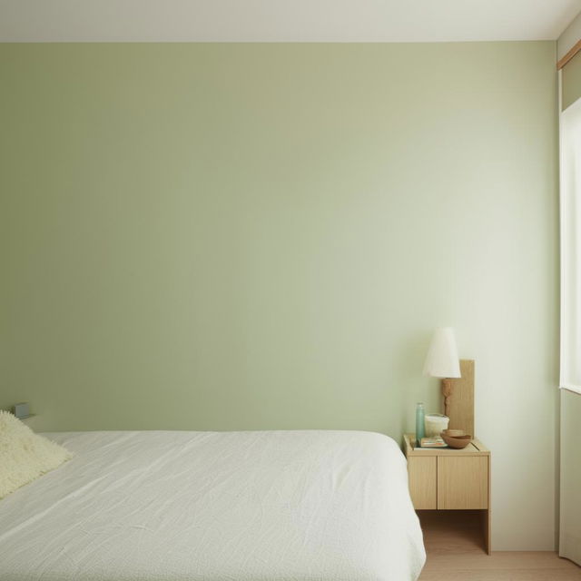 A bedroom featuring a 3-meter wide wall painted in soft, light colors, with a large, green 160 cm wide bed placed adjacent to it.