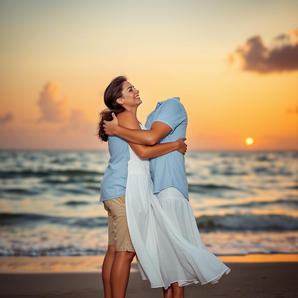 A romantic portrait of a couple standing together on a beach at sunset, with their arms around each other, gazing into the distance