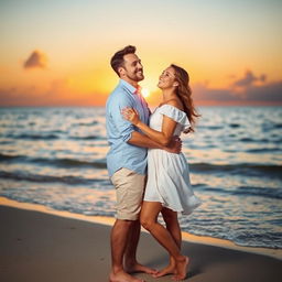 A romantic portrait of a couple standing together on a beach at sunset, with their arms around each other, gazing into the distance