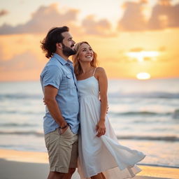 A romantic portrait of a couple standing together on a beach at sunset, with their arms around each other, gazing into the distance